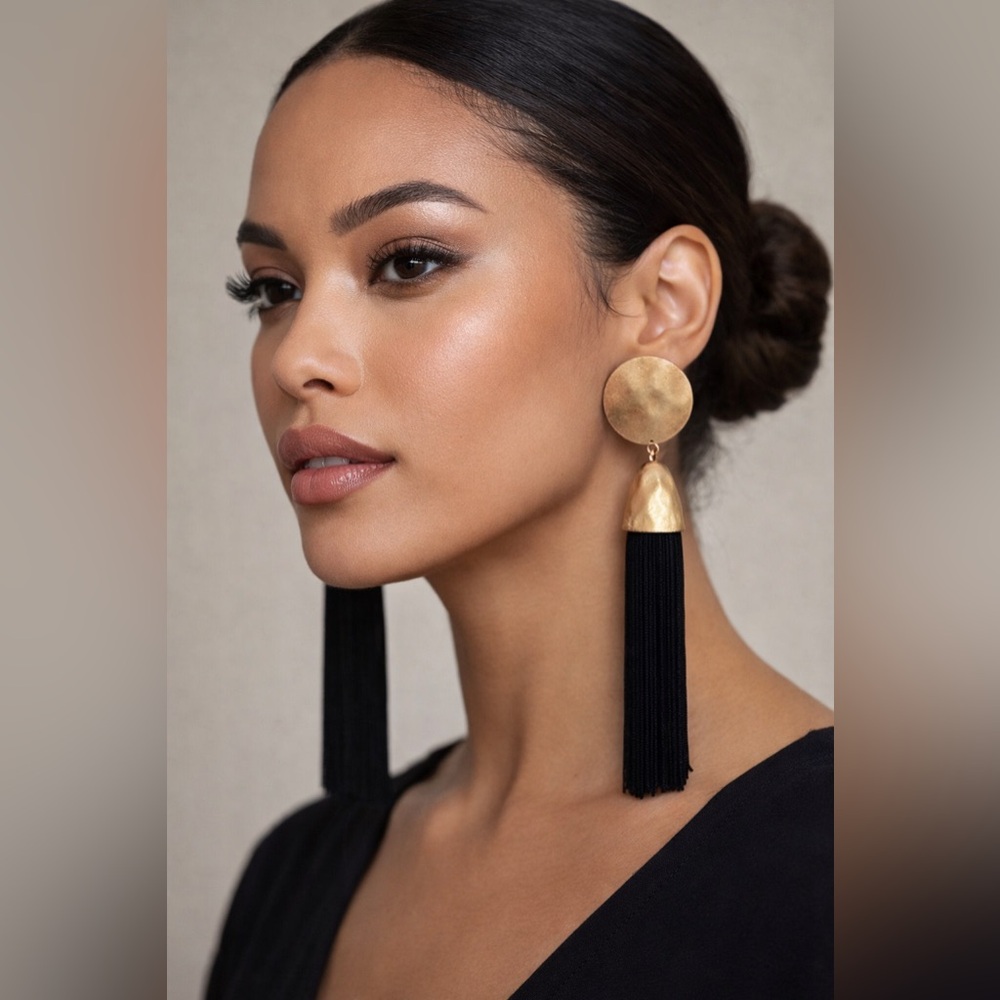 Gold & Black Tassel Statement Earrings Long Drop 5.75” Glam FESTIVAL HOT BADDIE